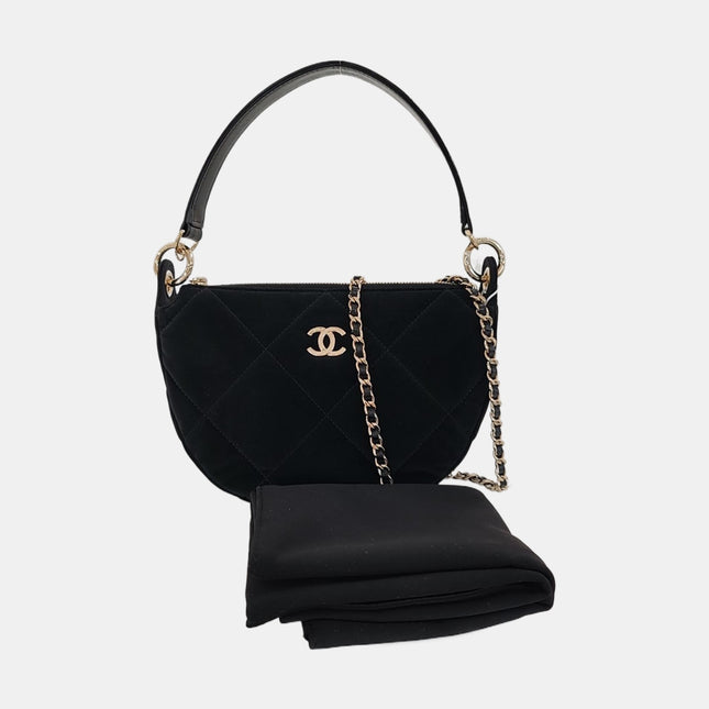 Chanel Black Velvet Quilted Hobo Bag with Chain Coco Neige