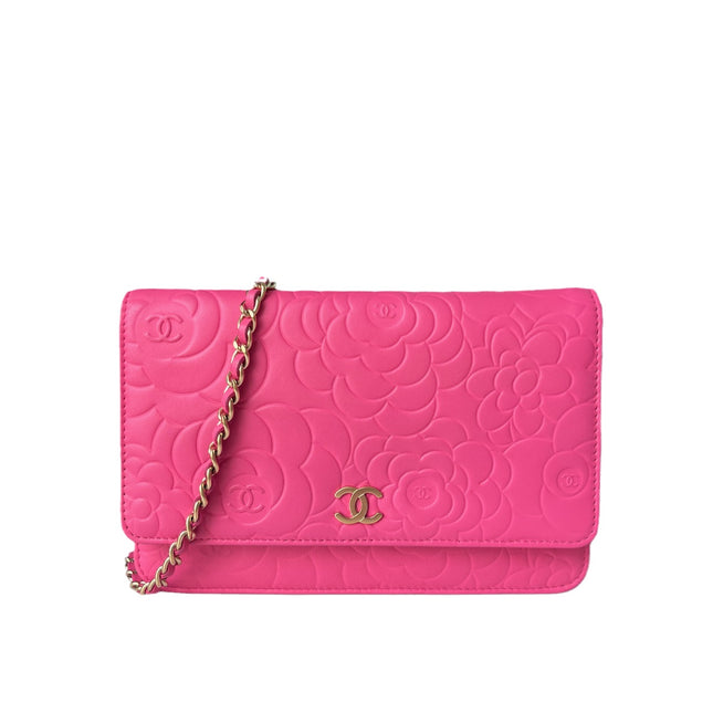 Chanel Wallet On Chains WOC Classic Pink Camelia Flower Embossed-Luxbags