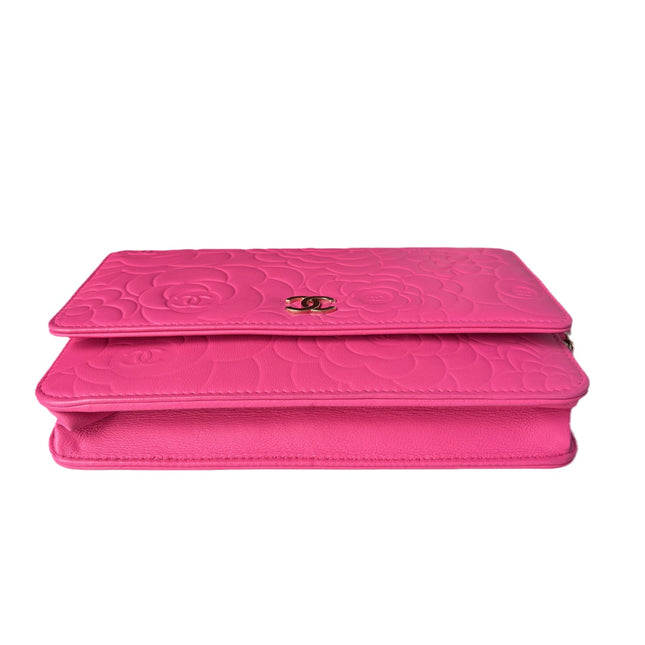 Sold Chanel Wallet On Chains WOC Classic Pink Camelia Flower Embossed