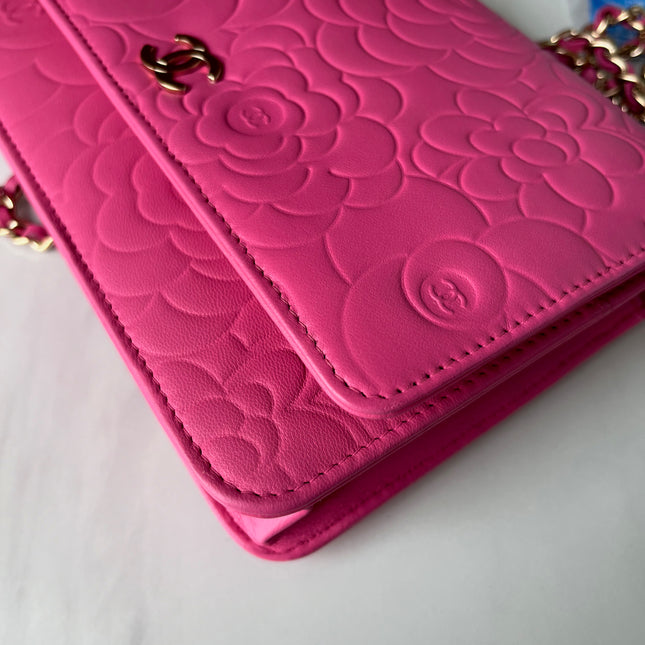 Sold Chanel Wallet On Chains WOC Classic Pink Camelia Flower Embossed