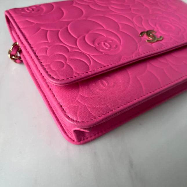 Sold Chanel Wallet On Chains WOC Classic Pink Camelia Flower Embossed
