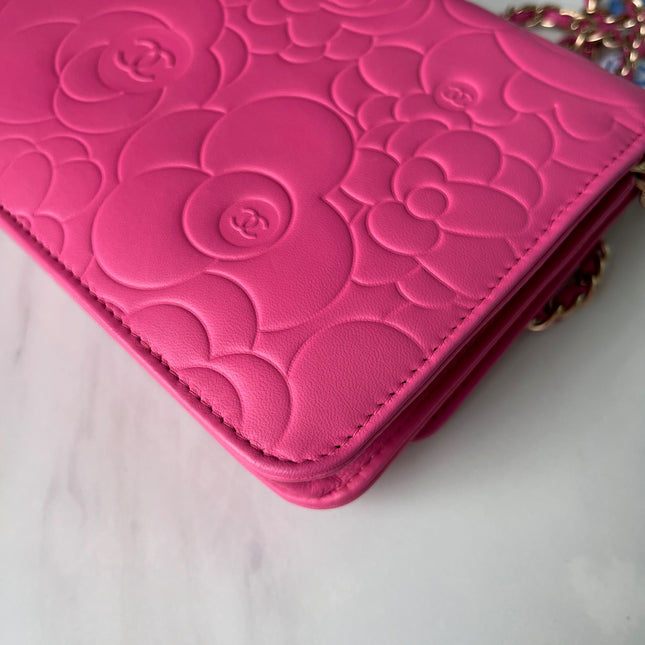 Sold Chanel Wallet On Chains WOC Classic Pink Camelia Flower Embossed
