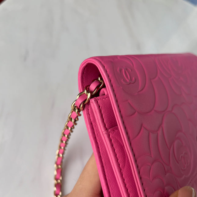 Sold Chanel Wallet On Chains WOC Classic Pink Camelia Flower Embossed