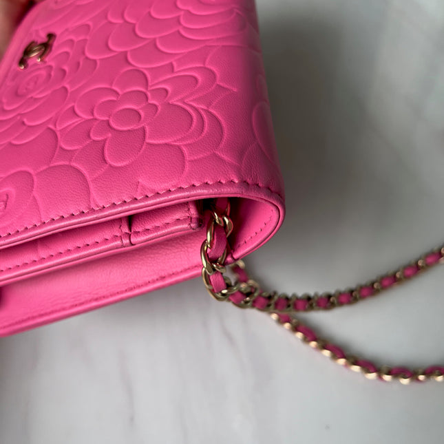 Sold Chanel Wallet On Chains WOC Classic Pink Camelia Flower Embossed