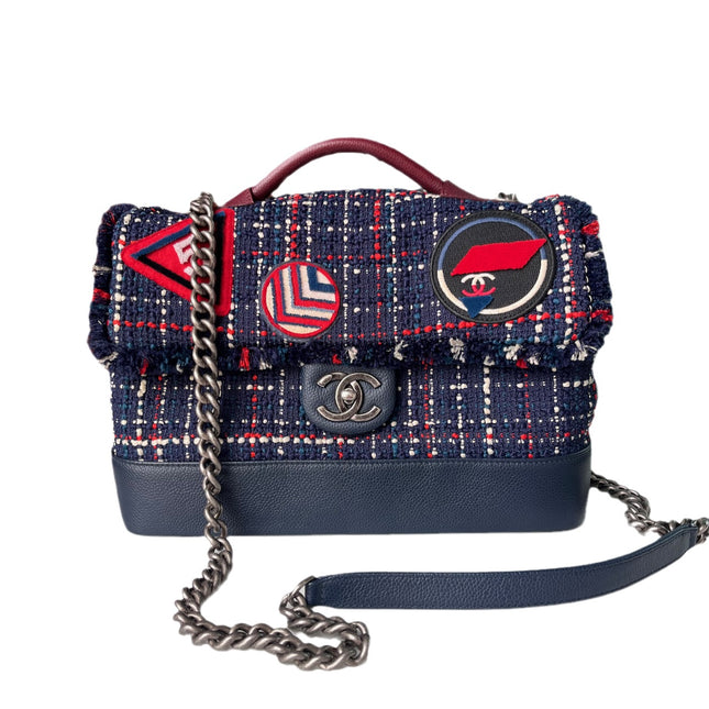 Chanel Blue and Red Tweed and Caviar Airline Flap Bag Silver Hardware 2016-Luxbags