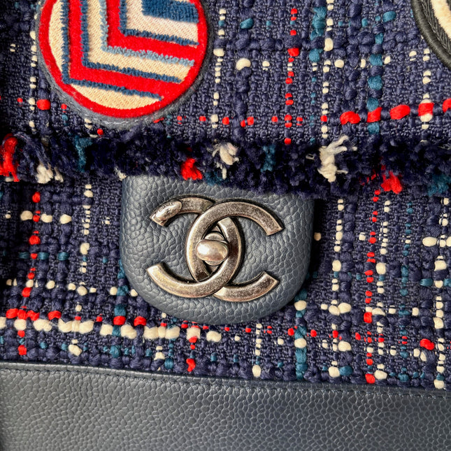 Sold Chanel Blue and Red Tweed and Caviar Airline Flap Bag Silver Hardware 2016