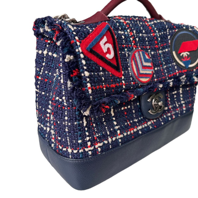 Sold Chanel Blue and Red Tweed and Caviar Airline Flap Bag Silver Hardware 2016