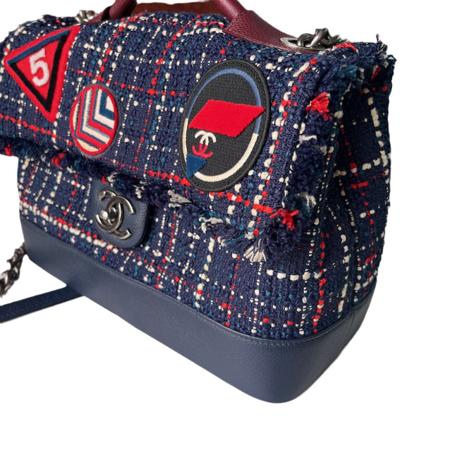 Sold Chanel Blue and Red Tweed and Caviar Airline Flap Bag Silver Hardware 2016