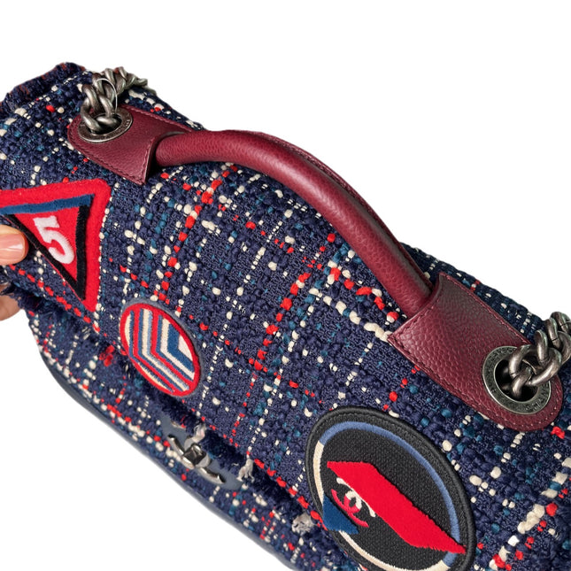 Sold Chanel Blue and Red Tweed and Caviar Airline Flap Bag Silver Hardware 2016
