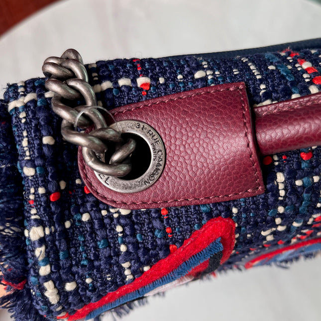 Sold Chanel Blue and Red Tweed and Caviar Airline Flap Bag Silver Hardware 2016