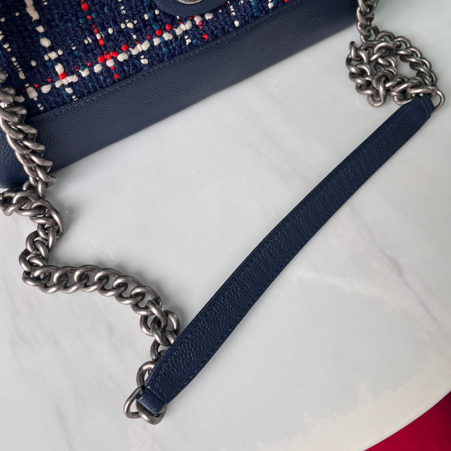 Sold Chanel Blue and Red Tweed and Caviar Airline Flap Bag Silver Hardware 2016