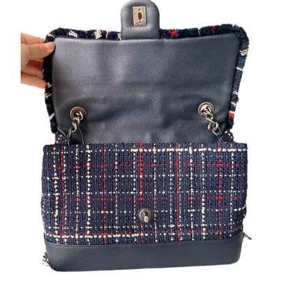 Sold Chanel Blue and Red Tweed and Caviar Airline Flap Bag Silver Hardware 2016