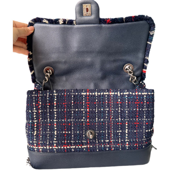 Sold Chanel Blue and Red Tweed and Caviar Airline Flap Bag Silver Hardware 2016