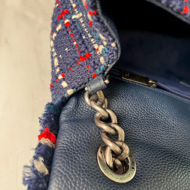 Sold Chanel Blue and Red Tweed and Caviar Airline Flap Bag Silver Hardware 2016