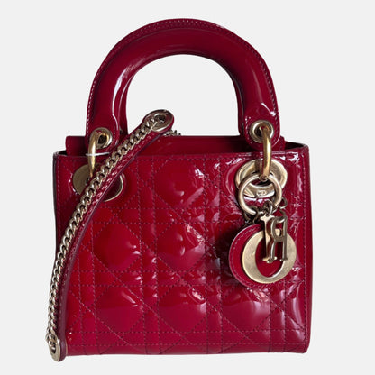 Lady Dior Mini Handbag Burgundy Red Patent Leather Gold-tone Chain Strap-Luxbags