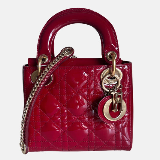 Lady Dior Mini Handbag Burgundy Red Patent Leather Gold-tone Chain Strap-Luxbags