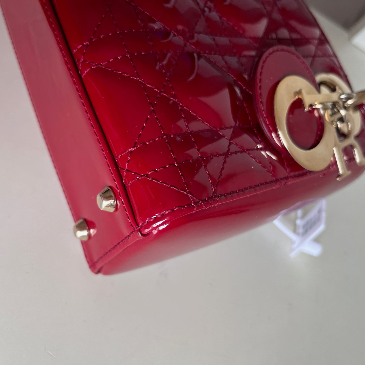 Sold Lady Dior Mini Handbag Burgundy Red Patent Leather Gold-tone Chain Strap