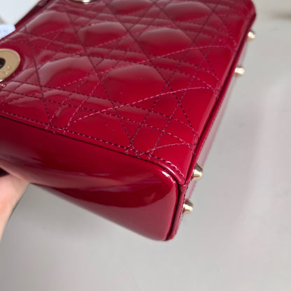 Lady Dior Mini Handbag Burgundy Red Patent Leather Gold-tone Chain Strap