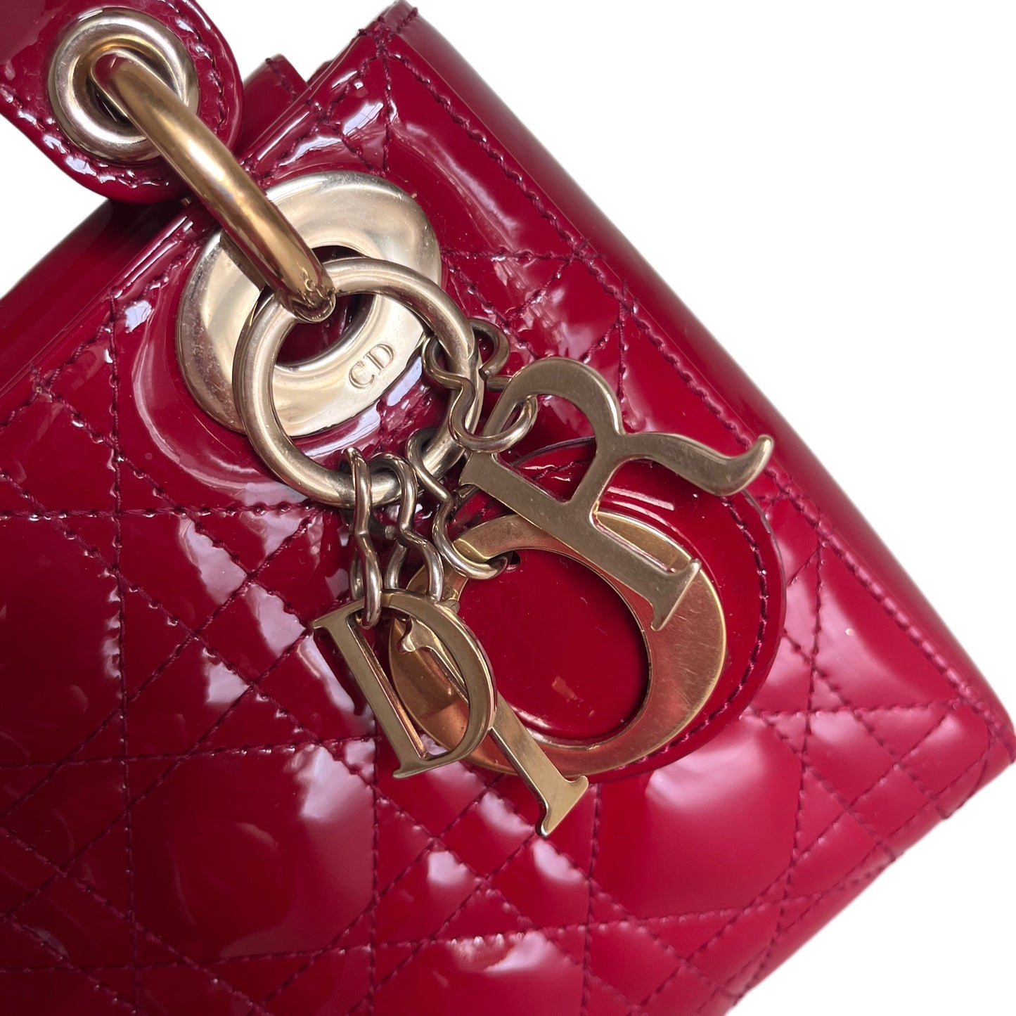 Sold Lady Dior Mini Handbag Burgundy Red Patent Leather Gold-tone Chain Strap