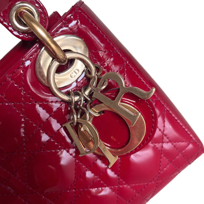 Lady Dior Mini Handbag Burgundy Red Patent Leather Gold-tone Chain Strap