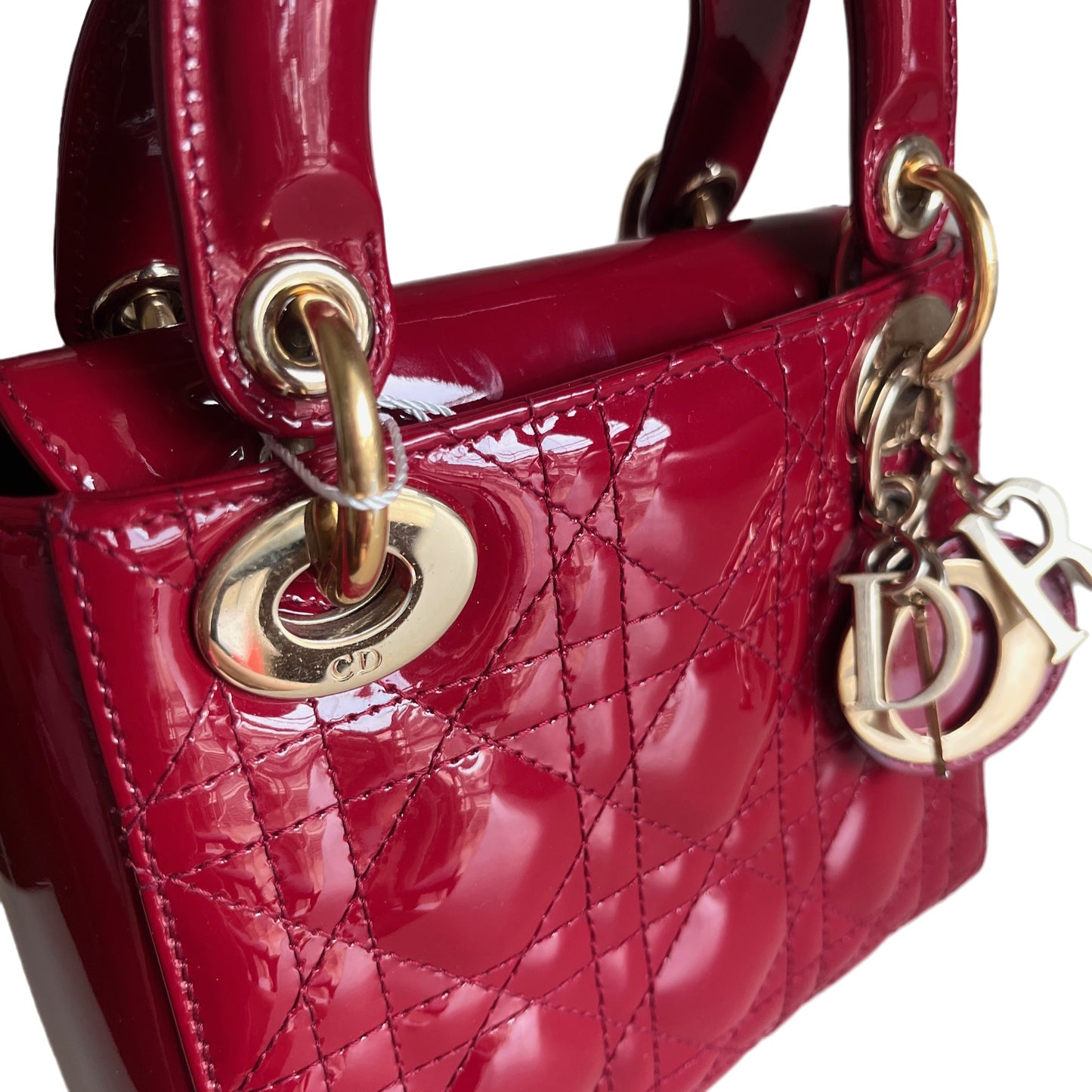 Sold Lady Dior Mini Handbag Burgundy Red Patent Leather Gold-tone Chain Strap