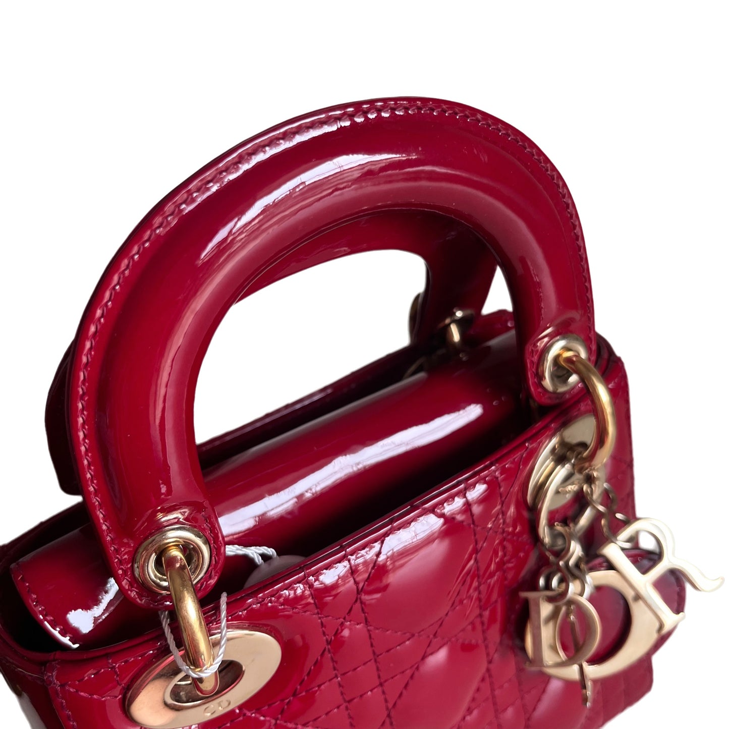 Sold Lady Dior Mini Handbag Burgundy Red Patent Leather Gold-tone Chain Strap