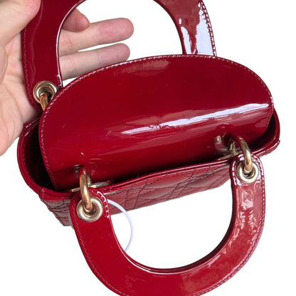 Sold Lady Dior Mini Handbag Burgundy Red Patent Leather Gold-tone Chain Strap