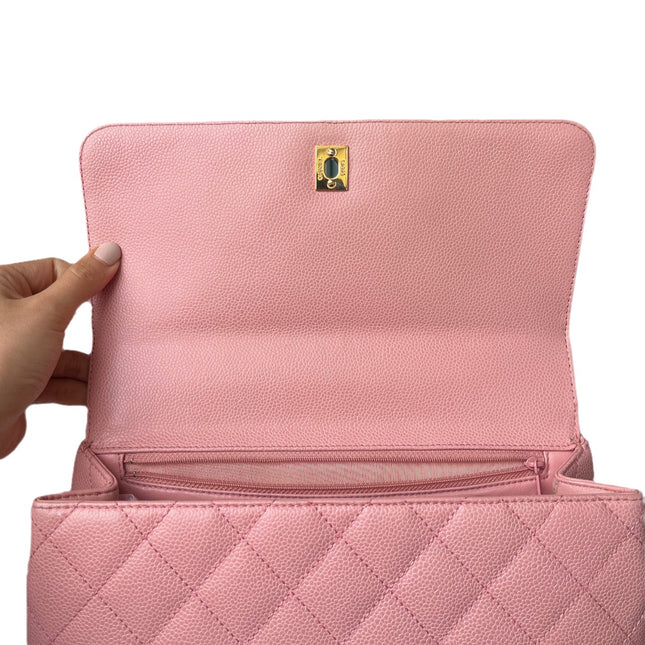Sold Chanel Vintage Top Handle Kelly Flap Bag Pink Quilted Caviar Leather 24k Gold Plated Hardware