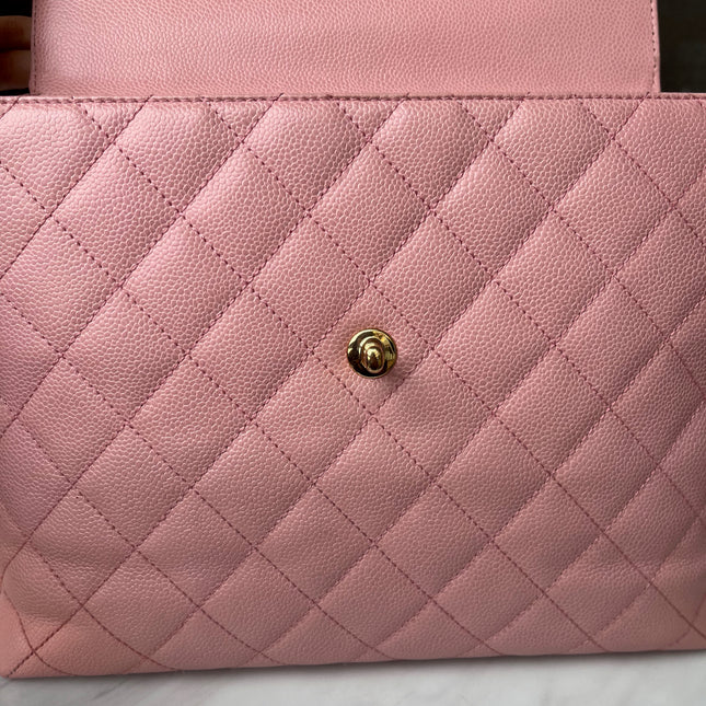 Sold Chanel Vintage Top Handle Kelly Flap Bag Pink Quilted Caviar Leather 24k Gold Plated Hardware