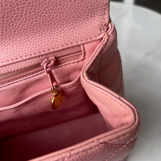 Sold Chanel Vintage Top Handle Kelly Flap Bag Pink Quilted Caviar Leather 24k Gold Plated Hardware
