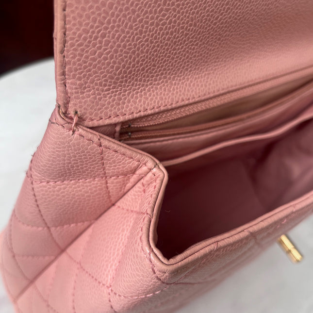 Sold Chanel Vintage Top Handle Kelly Flap Bag Pink Quilted Caviar Leather 24k Gold Plated Hardware