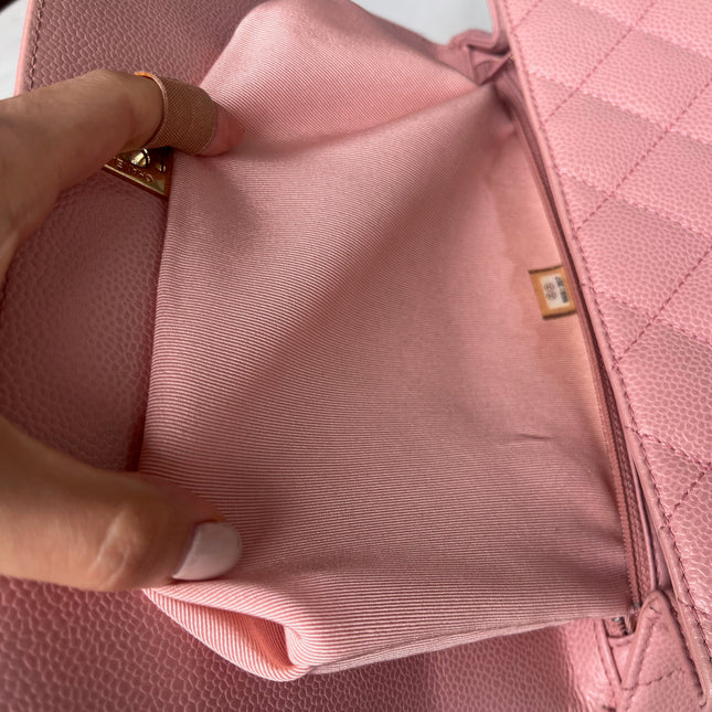 Sold Chanel Vintage Top Handle Kelly Flap Bag Pink Quilted Caviar Leather 24k Gold Plated Hardware