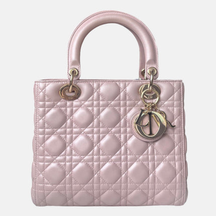 Lady Dior Medium Handbag Pearlescent Pink Cannage Leather Gold Hardware-Luxbags