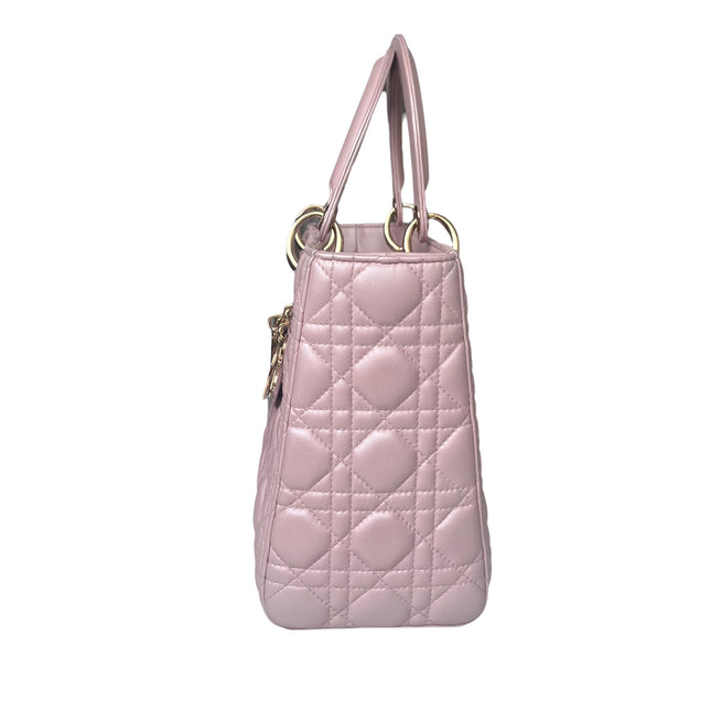 Lady Dior Medium Handbag Pearlescent Pink Cannage Leather Gold Hardware
