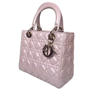 Lady Dior Medium Handbag Pearlescent Pink Cannage Leather Gold Hardware