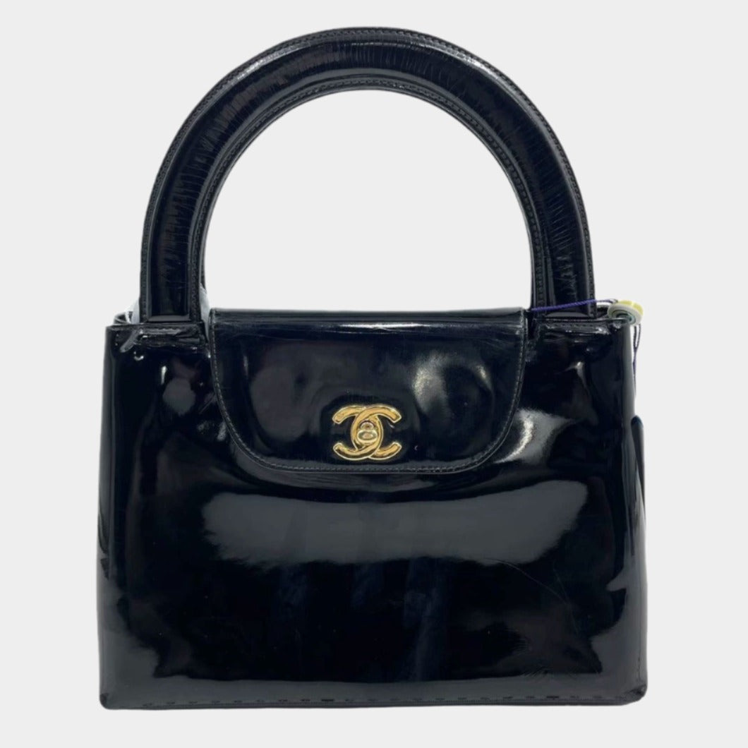 Chanel Kelly Vintage Top Handle Black Patent Leather with Gold