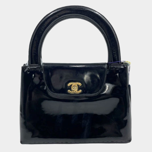 Chanel Kelly Vintage Top Handle Black Patent Leather with Gold Hardware Medium Size-Luxbags