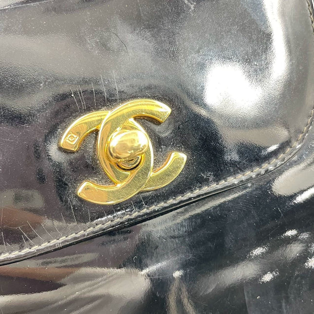 Chanel Kelly Vintage Top Handle Black Patent Leather with Gold Hardware Medium Size