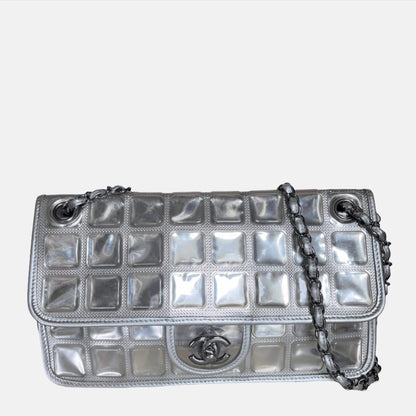 Chanel Ice Cube Chocolate Bar Classic Flap Metallic Silver PVC with Leather-Luxbags