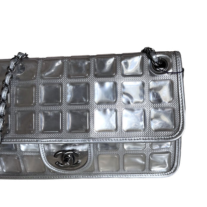 Chanel Ice Cube Chocolate Bar Classic Flap Metallic Silver PVC with Leather