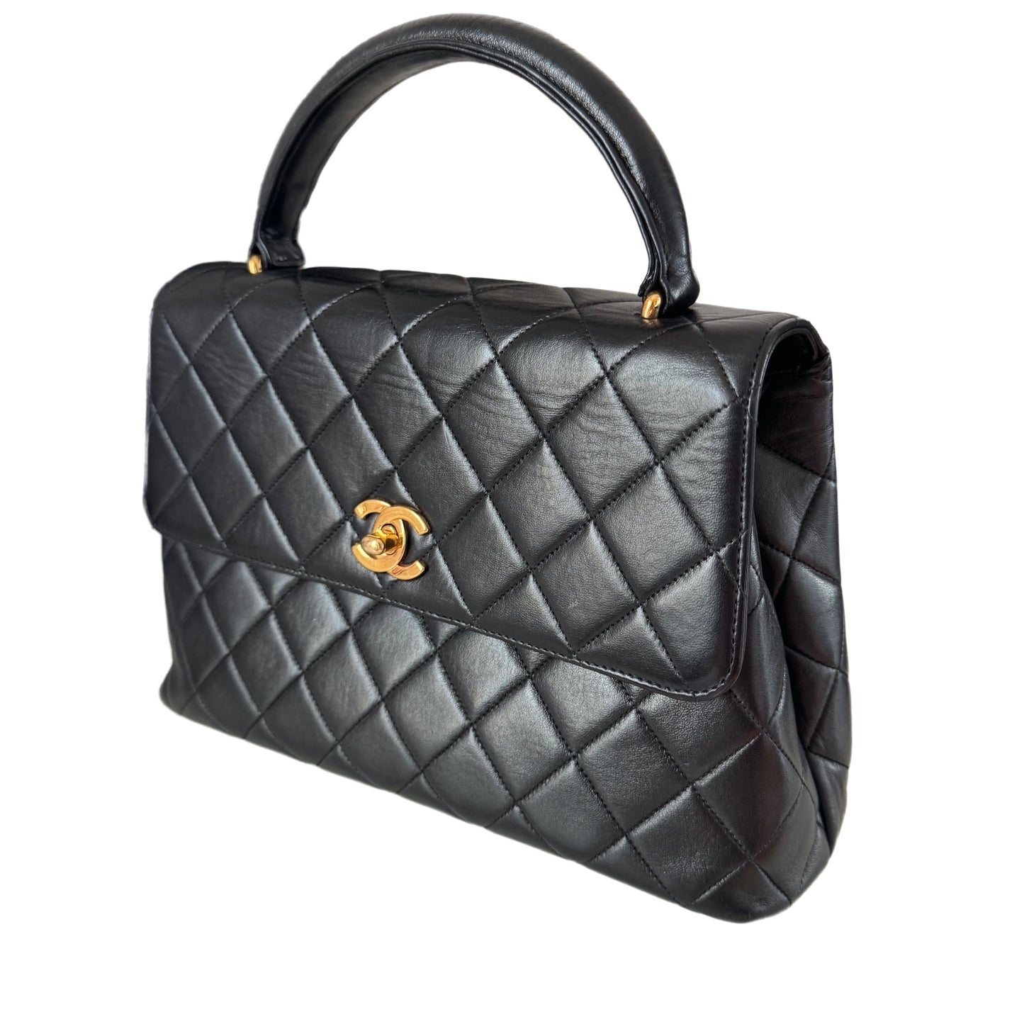 Chanel Vintage Top Handle Kelly Coco Handle Black Flap Bag lambskin leather 24k Gold Hardware