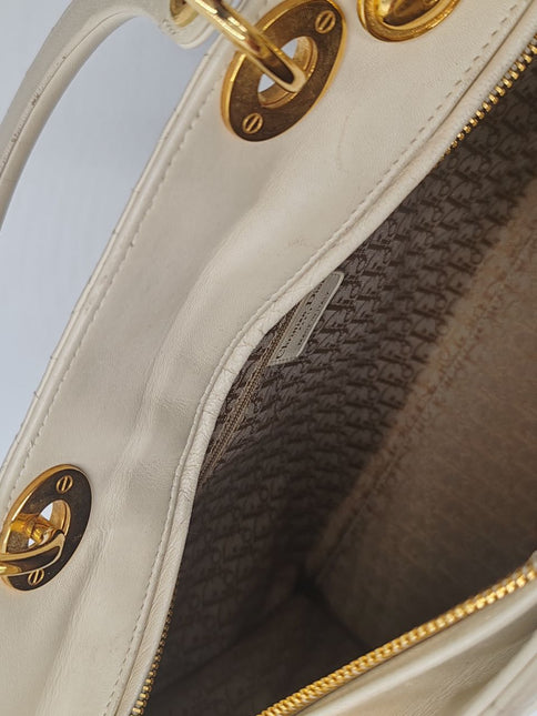 Sold Lady Dior Large Cream White Cannage Lambskin Leather handbag with Gold Hardware and Strap
