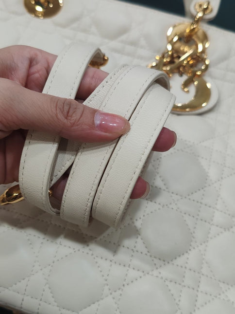 Sold Lady Dior Large Cream White Cannage Lambskin Leather handbag with Gold Hardware and Strap