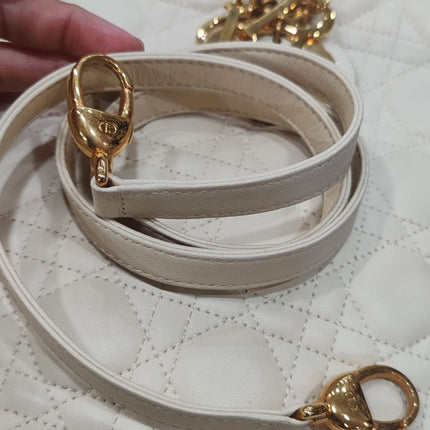 Sold Lady Dior Large Cream White Cannage Lambskin Leather handbag with Gold Hardware and Strap