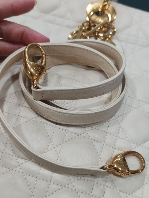 Sold Lady Dior Large Cream White Cannage Lambskin Leather handbag with Gold Hardware and Strap