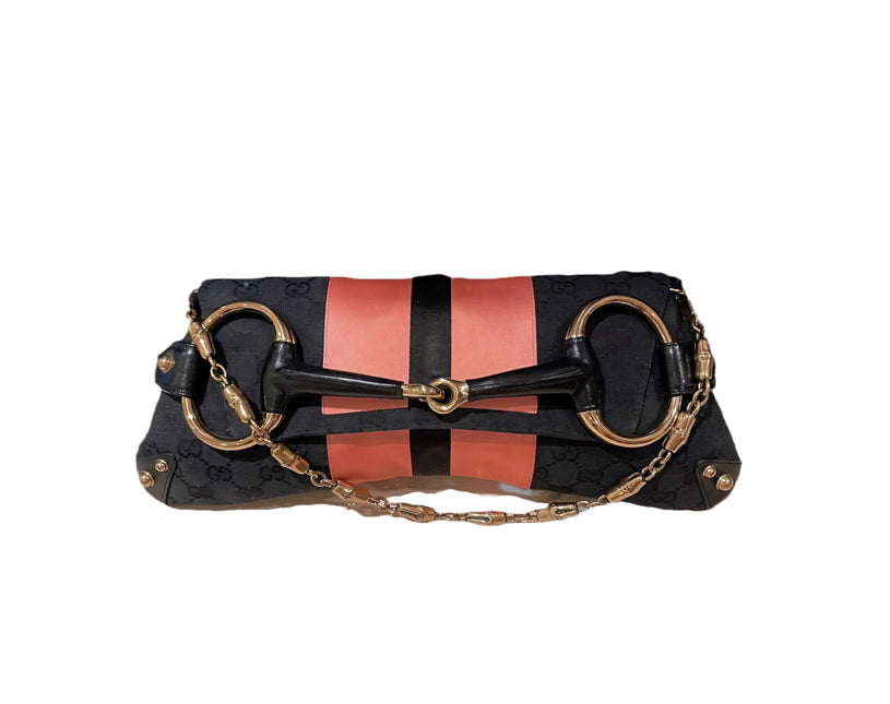 Sold Gucci Horsebit 1955 Chain Large Shoulder Bag Black Monogram with Pink Silk-Luxbags