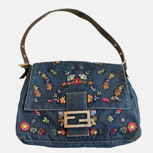 FENDI Mamma Baguette Blue Denim with Floral Beads-Luxbags