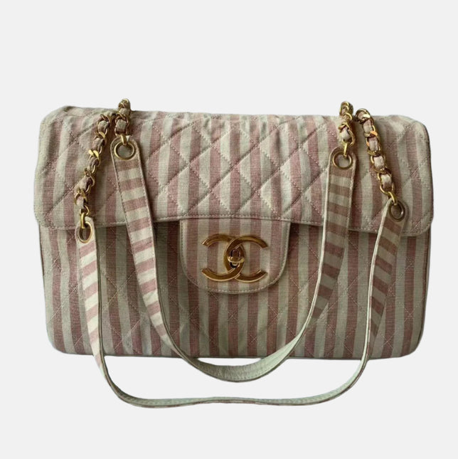 Chanel Vintage XXL Maxi Pink Striped Travel Flap Bag Canvas Gold Hardware