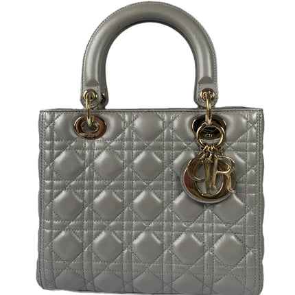 Lady Dior Pearlescent Grey Medium Lambskin Cannage Leather Handbag-Luxbags