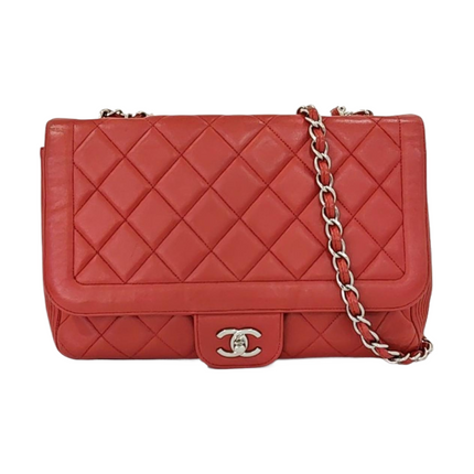 Chanel Classic Flap Single Flap Large Red Lambskin Leather Silver Hardware